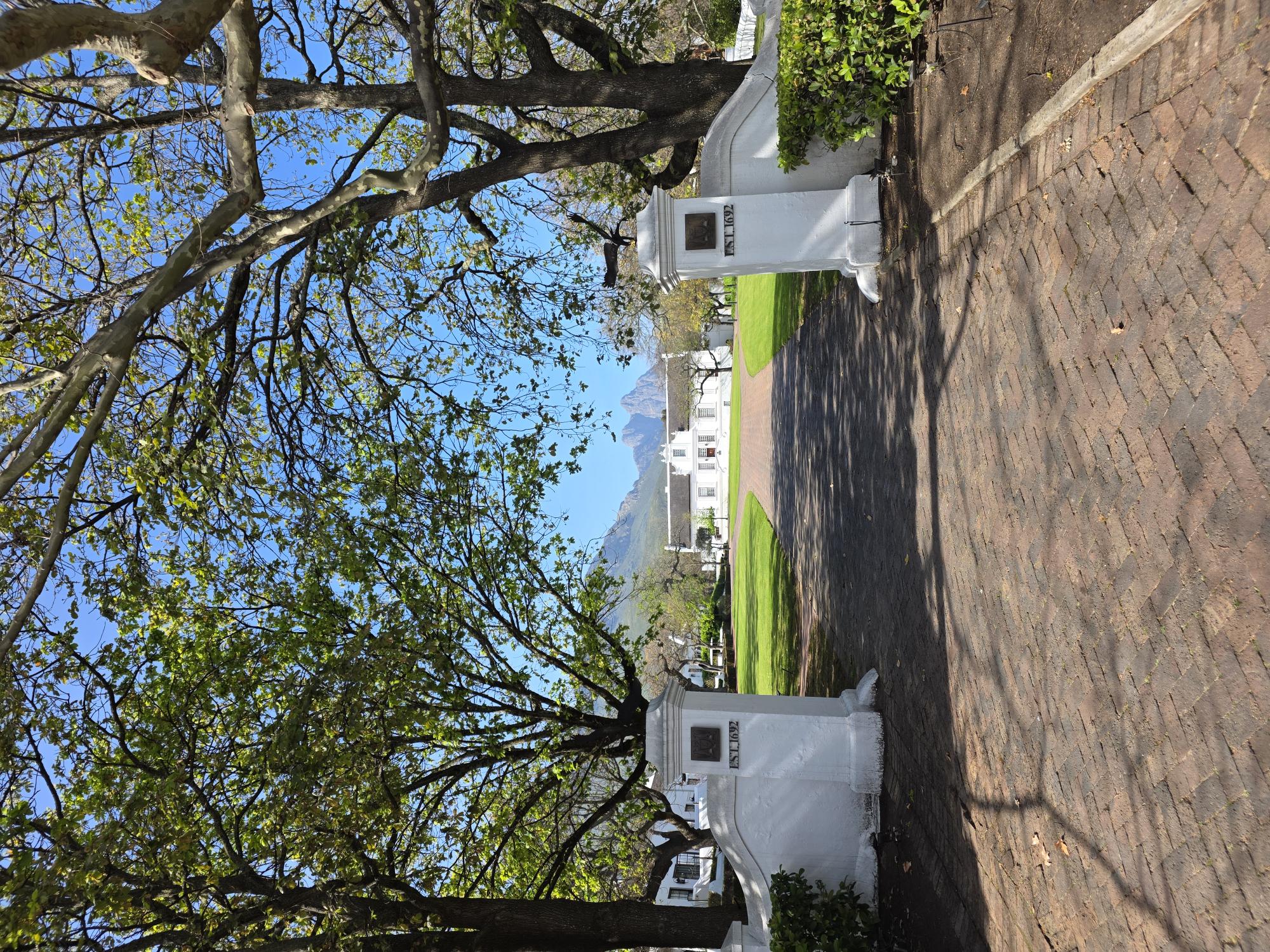 Cape Winelands estate gateway with mountain views