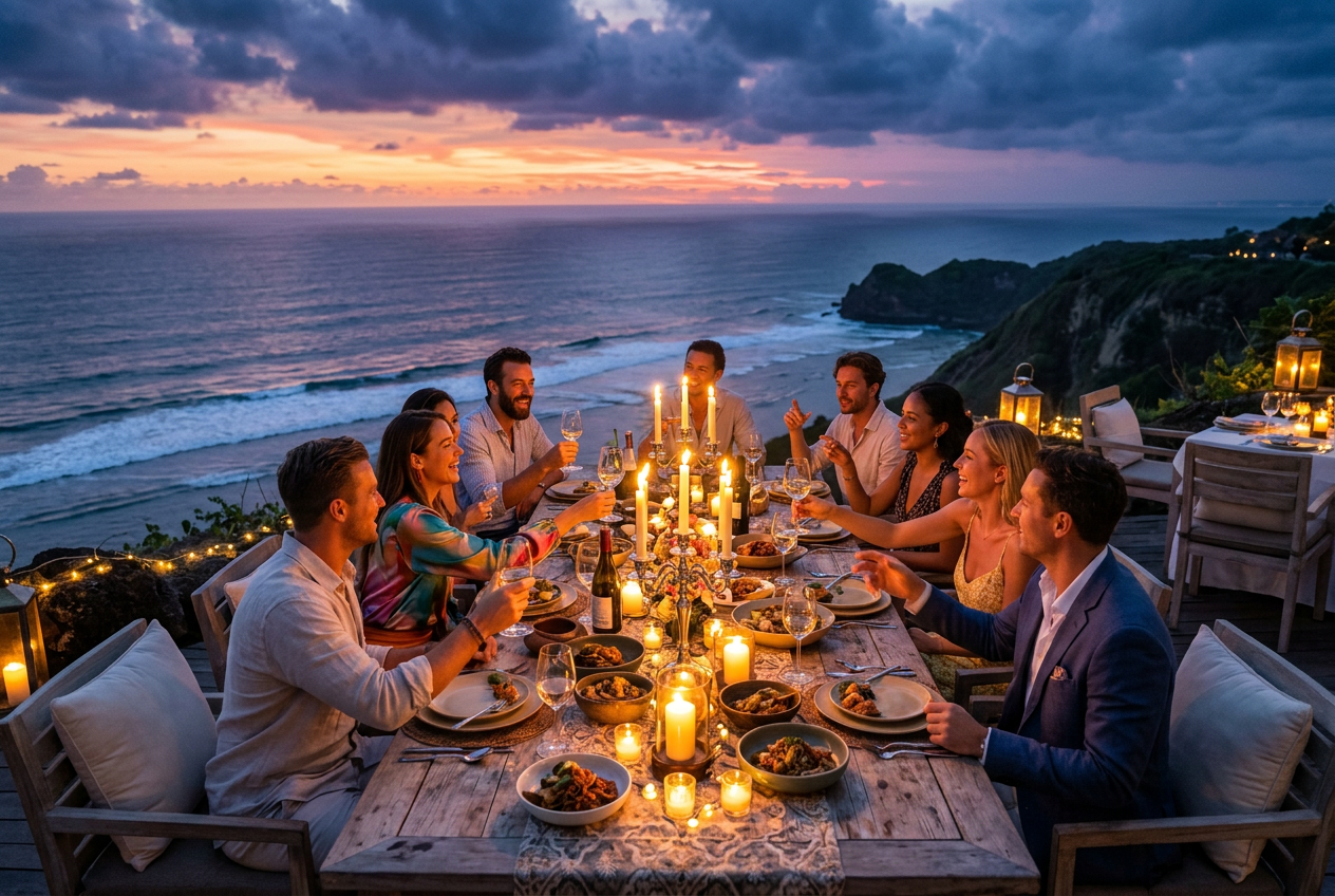 A small group of professionals sharing a long-table dinner at sunset